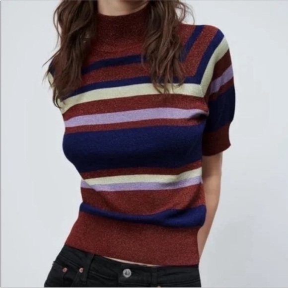 Zara Metallic Stripe‎ Print Short Sleeve Mock Neck Lightweight Knit Sweater - Picture 1 of 13